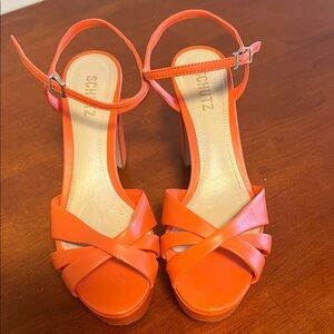 SCHUTZ Women's KEEFA Bright Orange Strappy BLOCK Heels